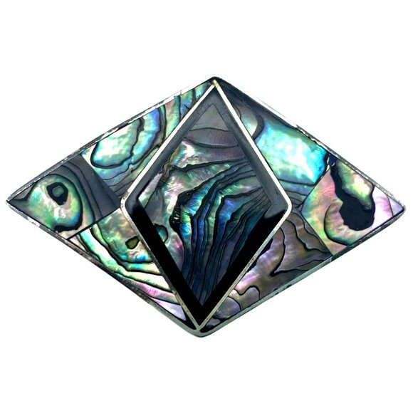 Alpaca Mexico Jewelry - Vintage Alpaca Mexico Abalone Shell Onyx Sterling Silver Brooch Pendant SIGNED!